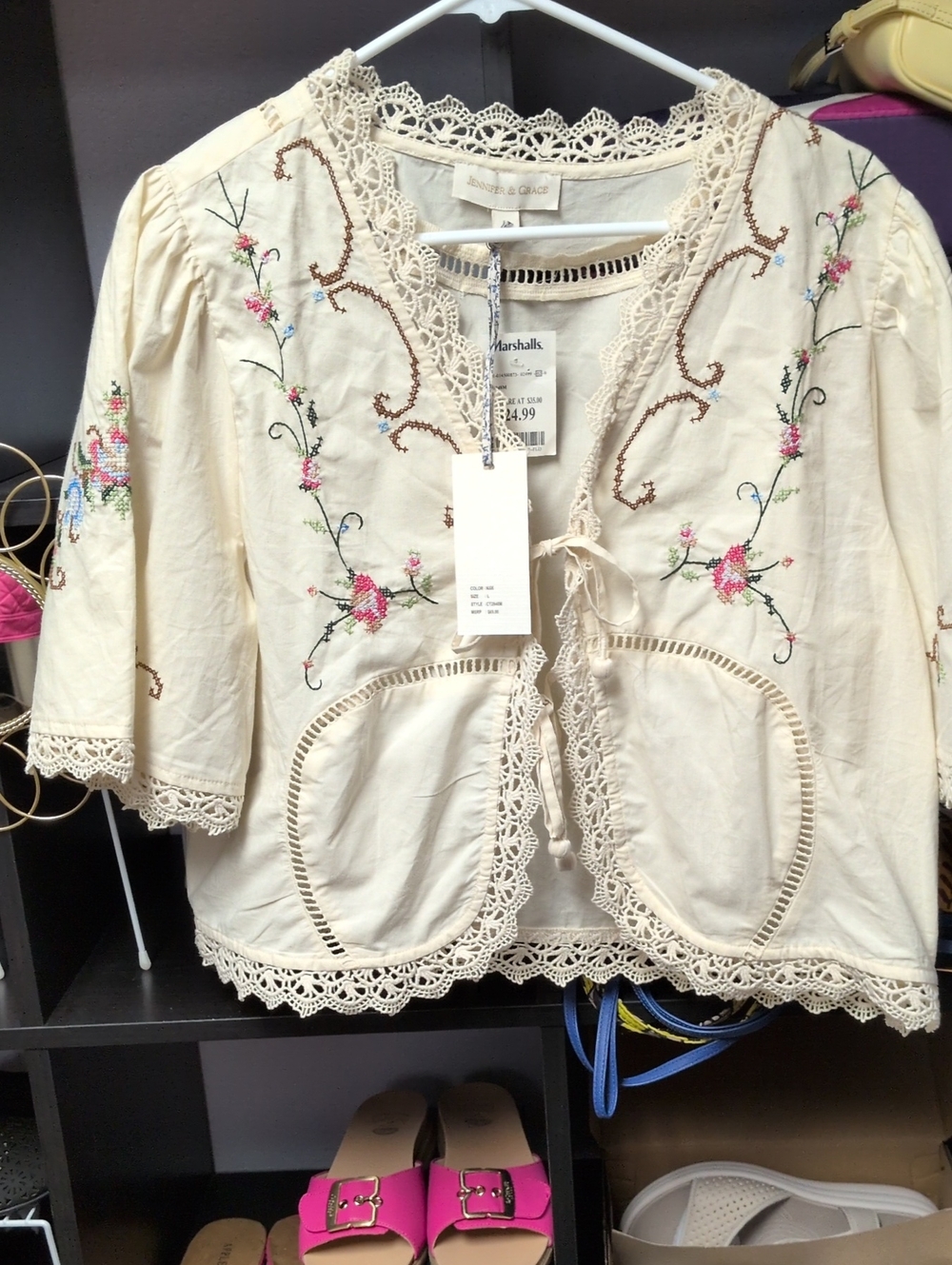 Cream Embroidered Crochet-Trim Tunic Top. Jacket. Crop.